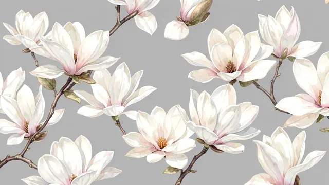 Delicate watercolor white and pale pink magnolia flowers arranged on soft gray background
