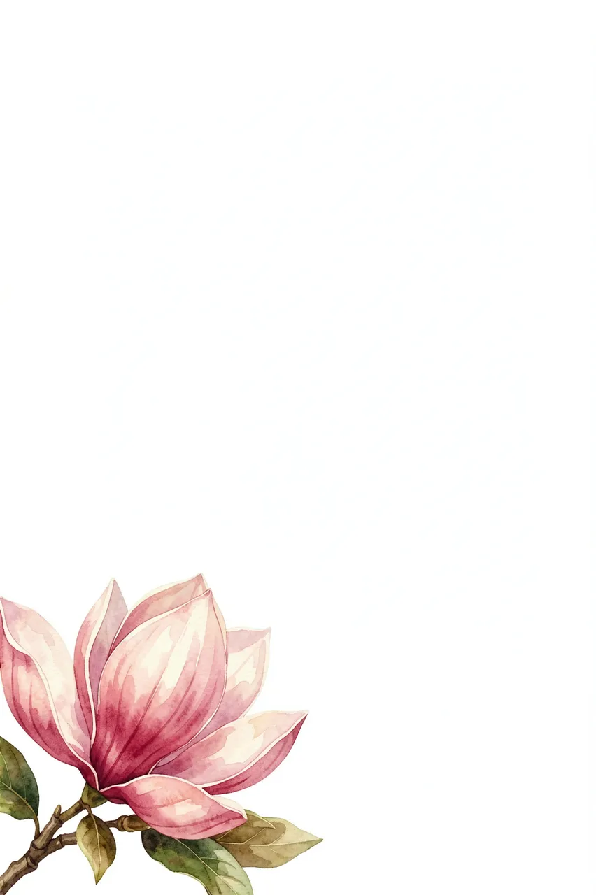 Soft watercolor pink magnolia bloom sits in the bottom left corner of an empty white background.