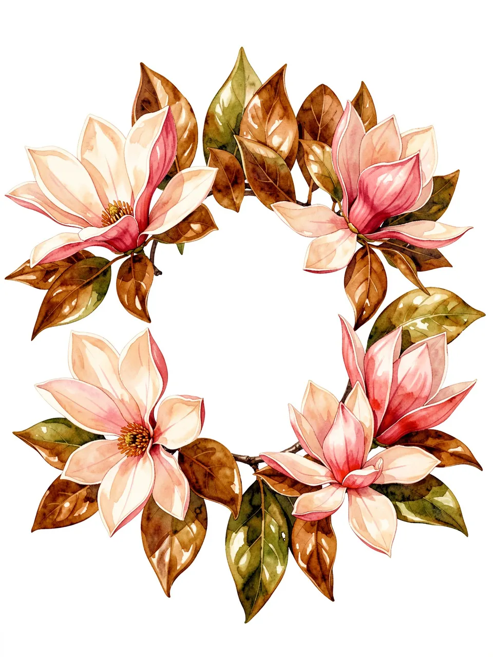 A watercolor circular wreath of magnolia blossoms and leaves around a blank warm white center.