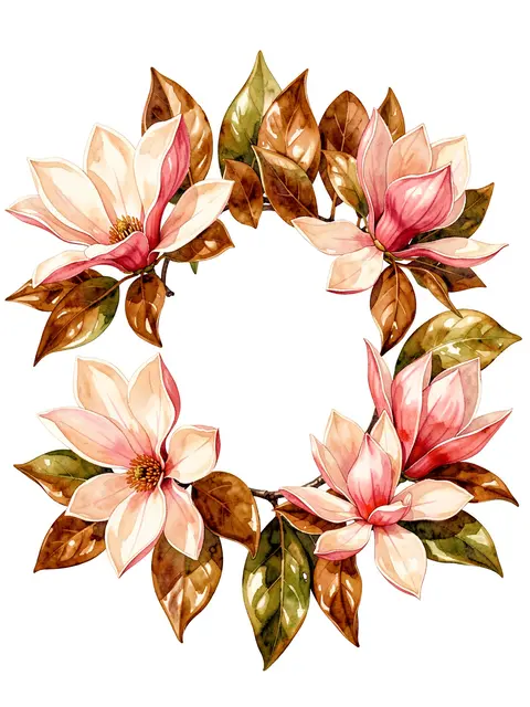 A watercolor circular wreath of magnolia blossoms and leaves around a blank warm white center.