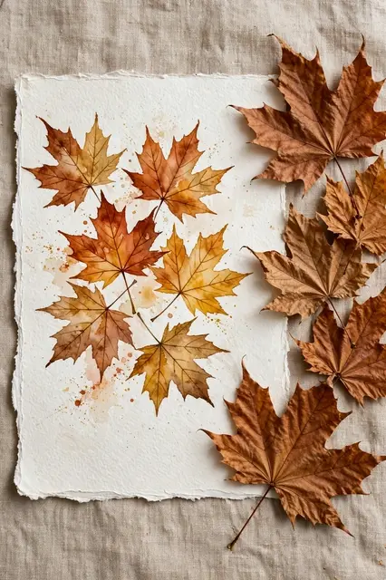Overhead view of watercolor painted autumn maple leaves on textured paper beside dried real maple leaves on linen