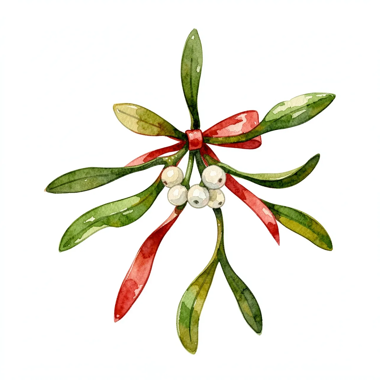 Watercolor illustration of a mistletoe sprig with white berries and a red ribbon bow on a plain white background
