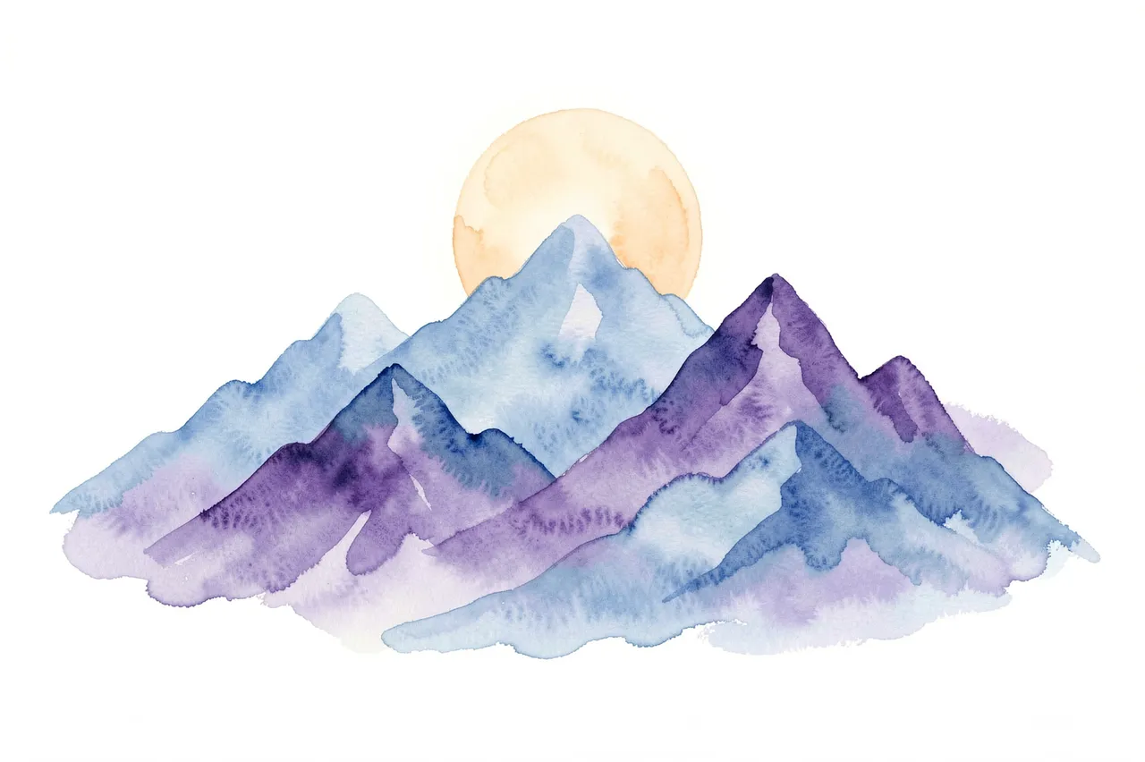 Layered watercolor mountain range in blue and violet washes with a pale round sun on a plain white background