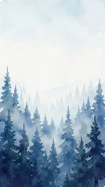 Layered misty pine forest rendered in soft watercolor blues with pale open upper sky space