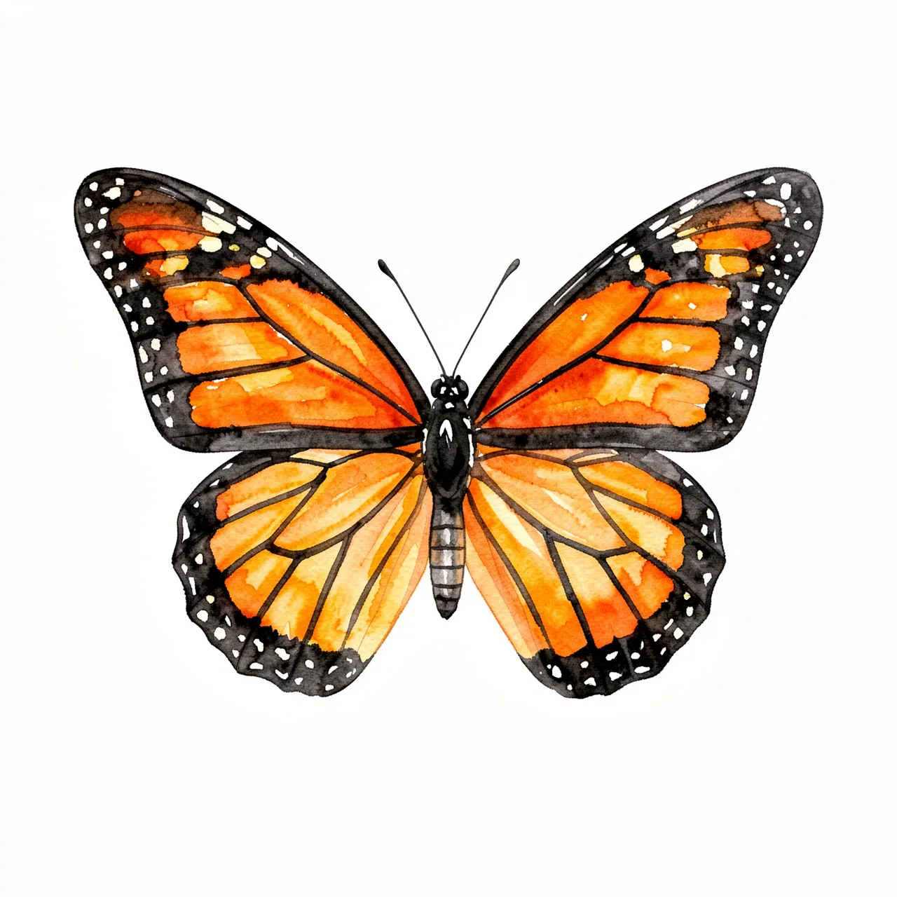 Hand-painted watercolor monarch butterfly with spread wings on a plain white background
