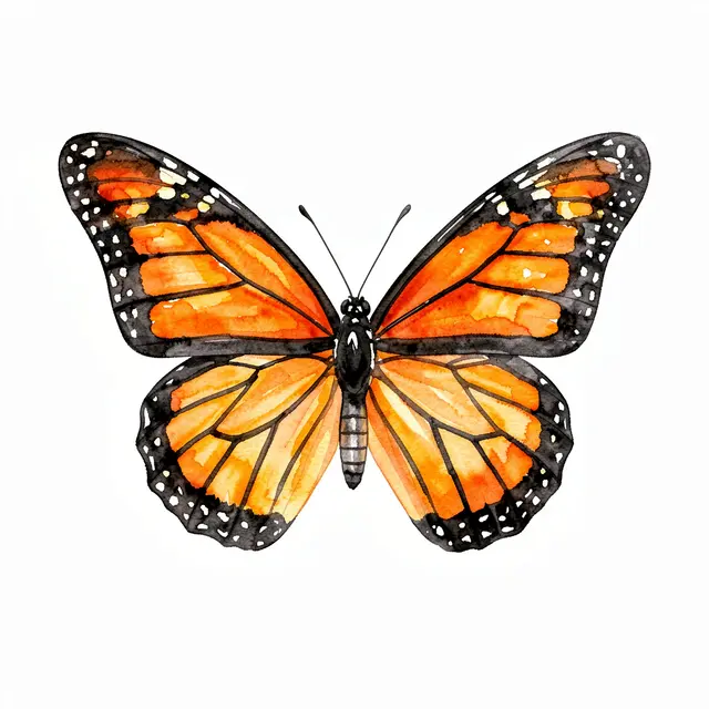 Hand-painted watercolor monarch butterfly with spread wings on a plain white background