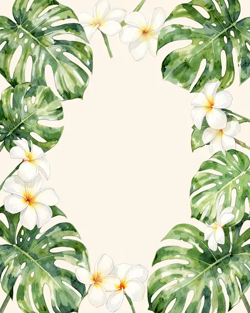 Loose watercolor monstera leaves and white plumeria blooms frame a blank pale ivory center.