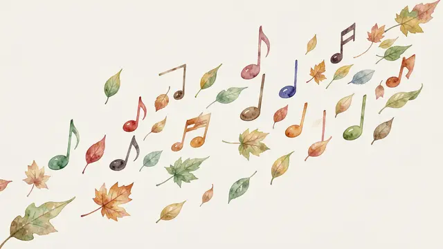 Drifting watercolor musical notes and autumn leaves arranged on a pale off-white background