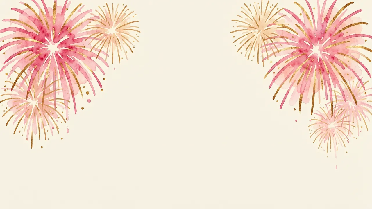 Pink and gold watercolor fireworks clustered on upper corners of a plain cream background with empty central copy space