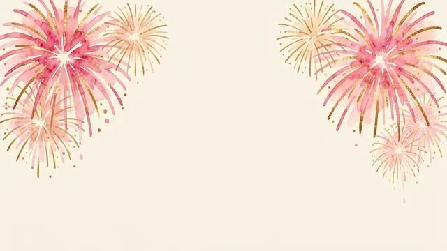 Pink and gold watercolor fireworks clustered on upper corners of a plain cream background with empty central copy space