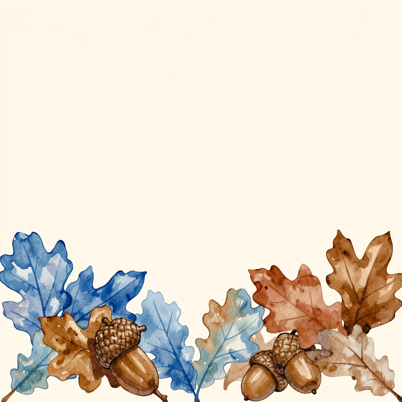 Watercolor oak leaves and acorns arranged along the bottom edge of a blank cream background