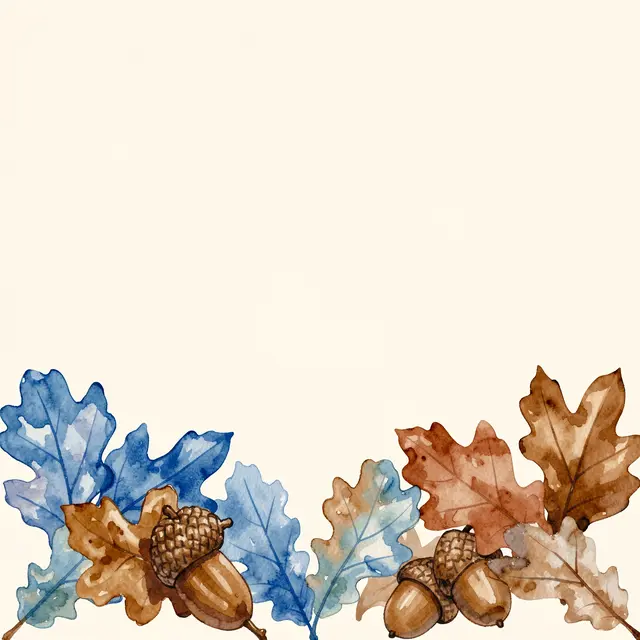 Watercolor oak leaves and acorns arranged along the bottom edge of a blank cream background