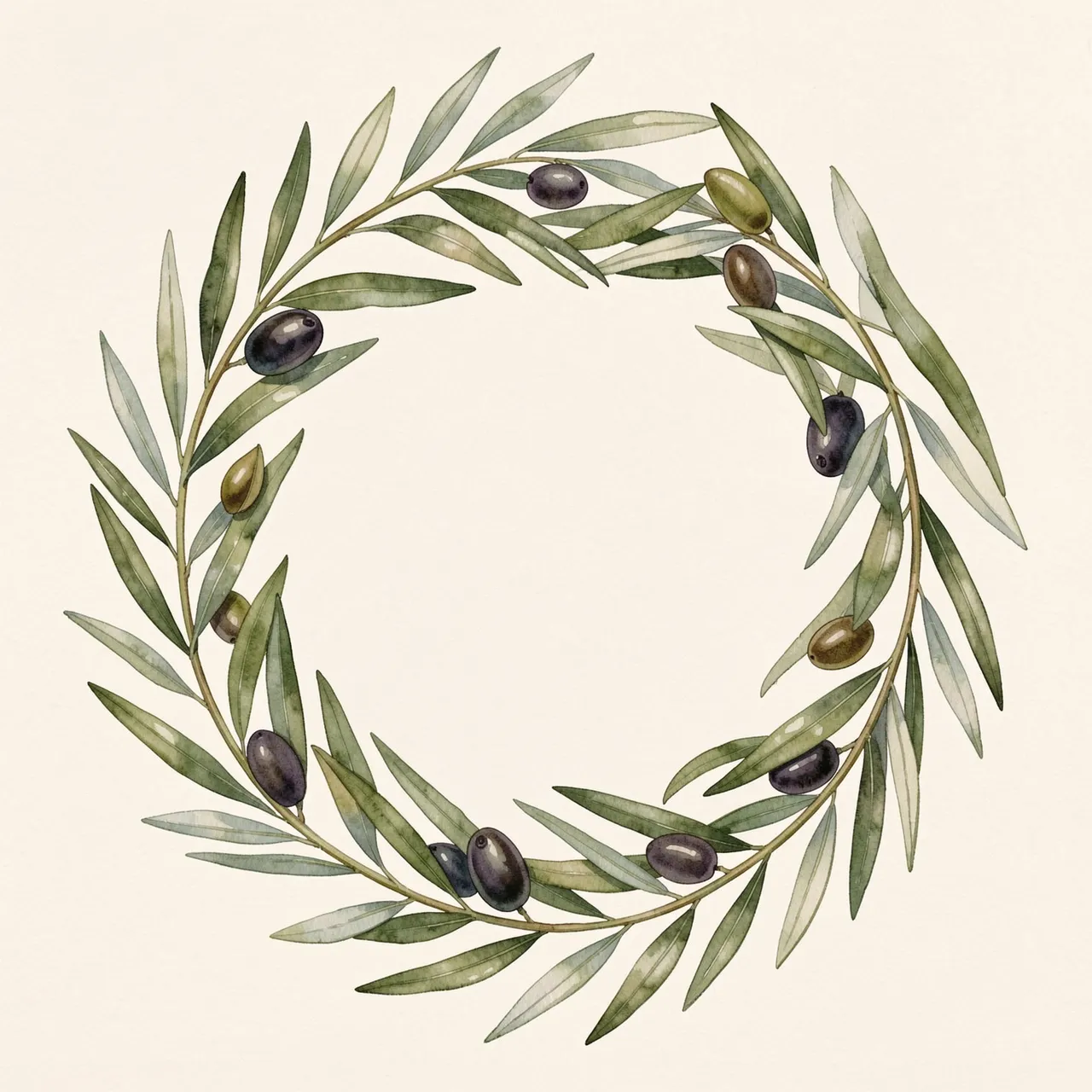 A delicate watercolor olive wreath with an open center rests on a soft cream background