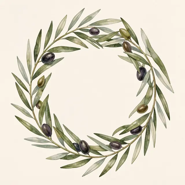 A delicate watercolor olive wreath with an open center rests on a soft cream background