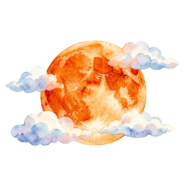 A warm orange watercolor harvest moon framed by soft drifting clouds on a plain white background