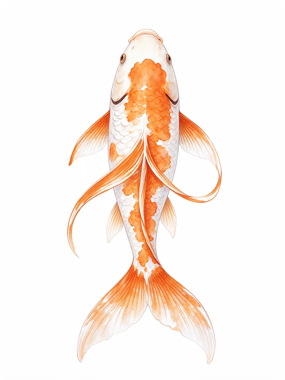 Top-down watercolor illustration of an orange and white koi fish with flowing fins on a plain white background