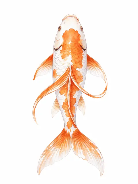 Top-down watercolor illustration of an orange and white koi fish with flowing fins on a plain white background