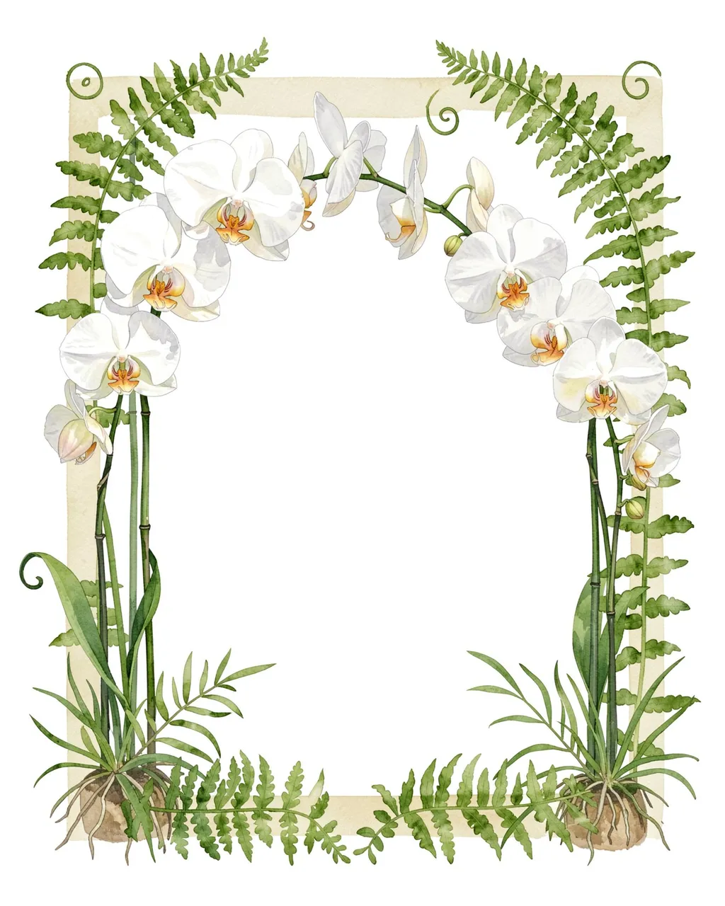 A decorative watercolor frame of white orchids and curling fern fronds surrounds an empty plain white center.