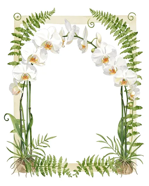 A decorative watercolor frame of white orchids and curling fern fronds surrounds an empty plain white center.