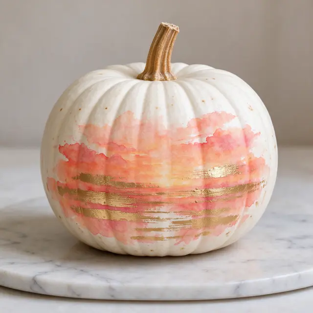 A white pumpkin decorated with coral and gold watercolor sunset design rests on a round marble slab.