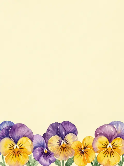 Violet and yellow watercolor pansies line the bottom edge of blank pale lemon paper with empty copy space above
