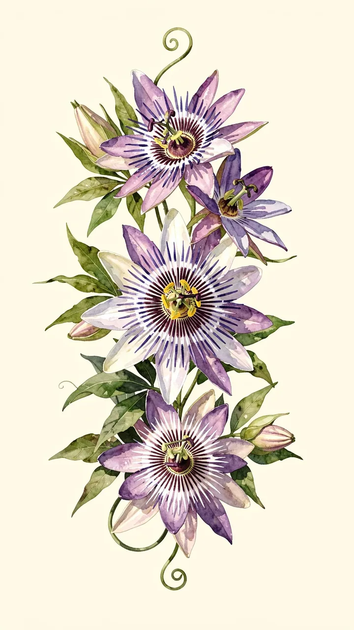 Vertical watercolor illustration of purple and white passionflowers with curling tendrils on a cream background