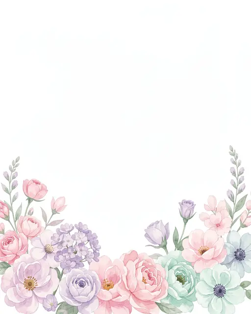 Delicate loose watercolor pastel pink, lavender and mint flowers arranged along the bottom edge of a plain white background