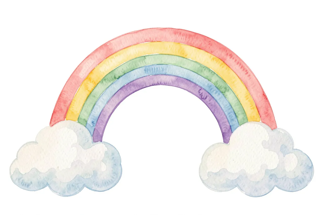 A soft watercolor pastel rainbow arching between fluffy clouds on a plain white background