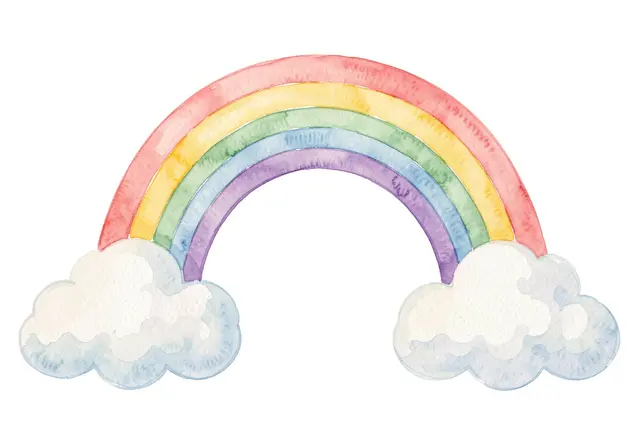 A soft watercolor pastel rainbow arching between fluffy clouds on a plain white background
