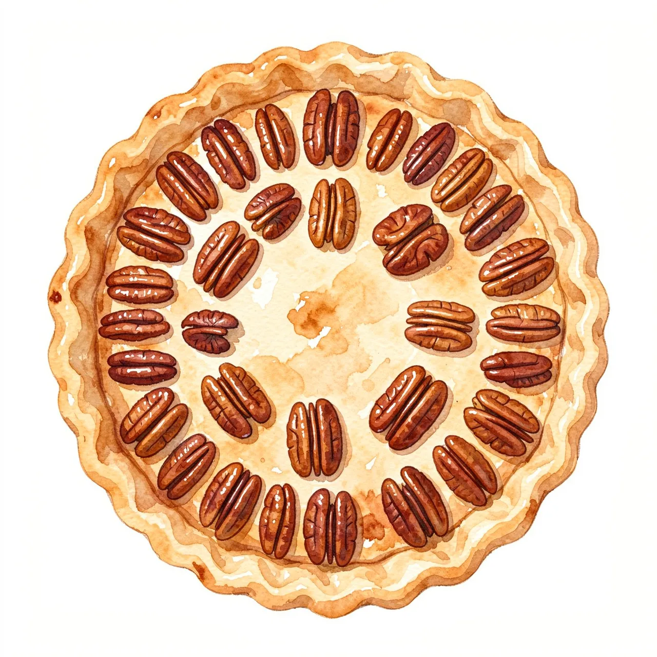 Top-down watercolor illustration of a whole pecan pie with symmetrical pecan topping on a plain white background