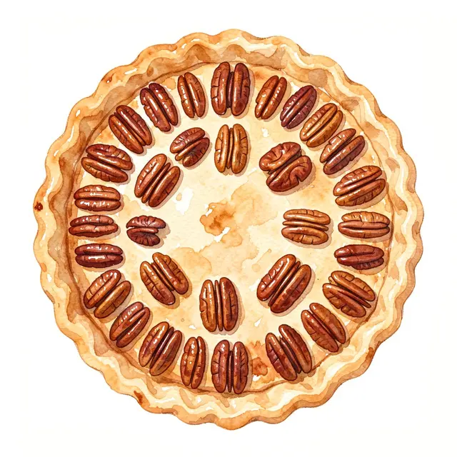 Top-down watercolor illustration of a whole pecan pie with symmetrical pecan topping on a plain white background