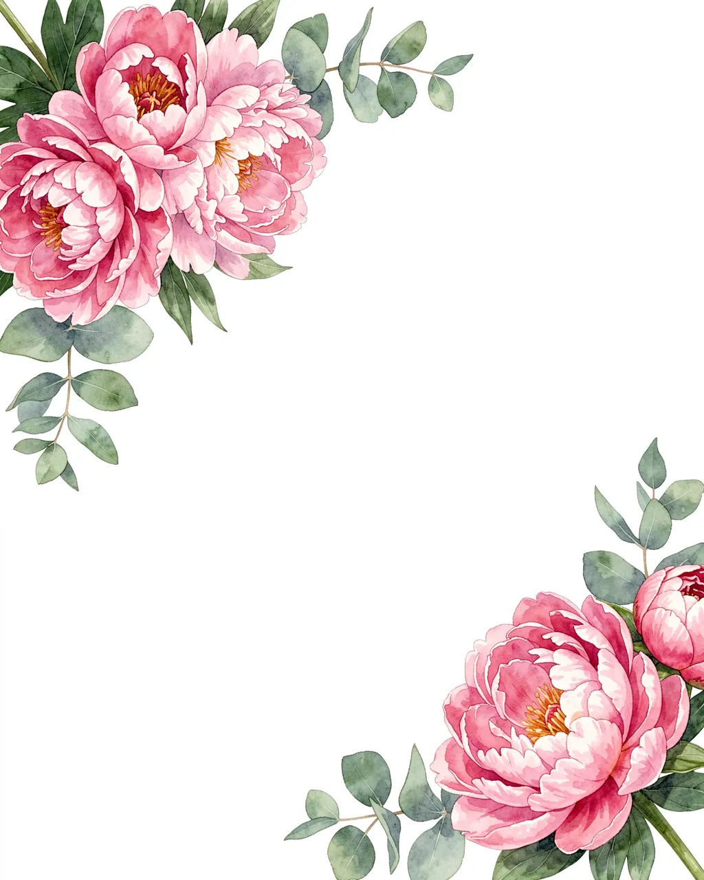 Watercolor pink peonies and eucalyptus arranged in top left and bottom right corners of a plain white background