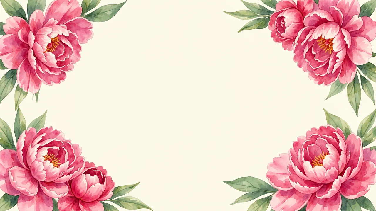 Pink watercolor peonies arranged in the four corners of a blank cream background