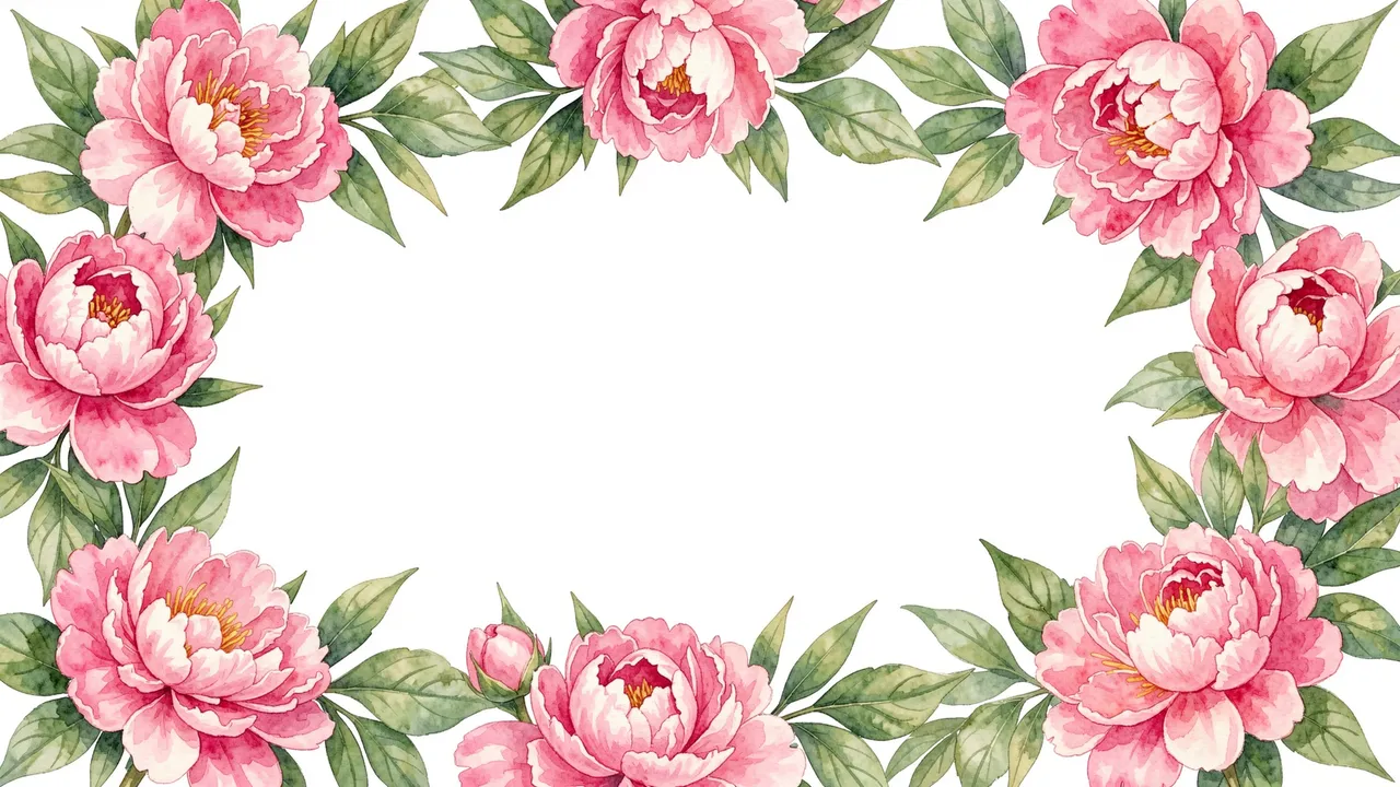 A delicate watercolor frame of pink peonies and green leaves surrounding a blank white center.