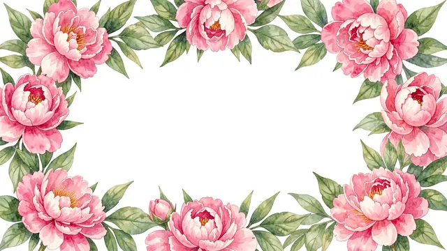 A delicate watercolor frame of pink peonies and green leaves surrounding a blank white center.