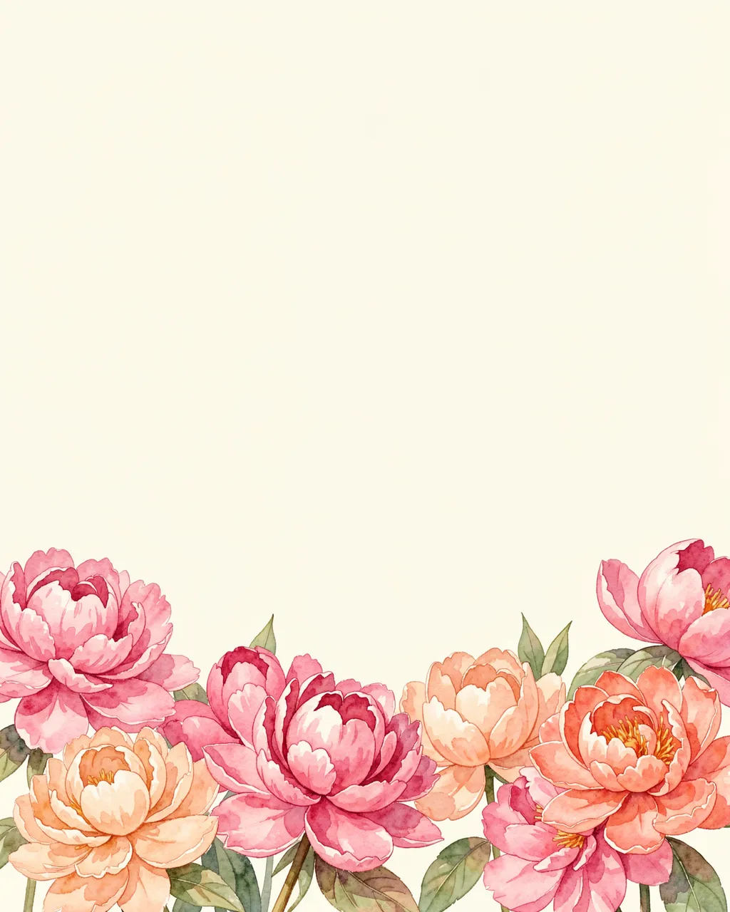 A watercolor border of pink and peach peonies runs along the bottom of a plain cream empty background.