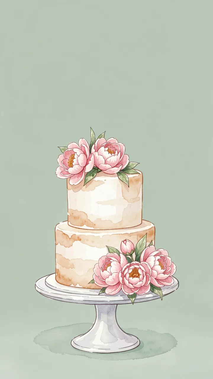 Two tier wedding cake decorated with pink peonies sits on a stand against soft sage green background
