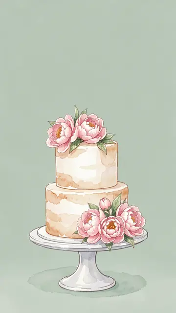Two tier wedding cake decorated with pink peonies sits on a stand against soft sage green background