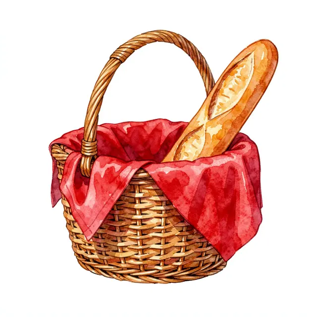 Watercolor illustration of a wicker picnic basket lined with red cloth and holding a baguette on a plain white background