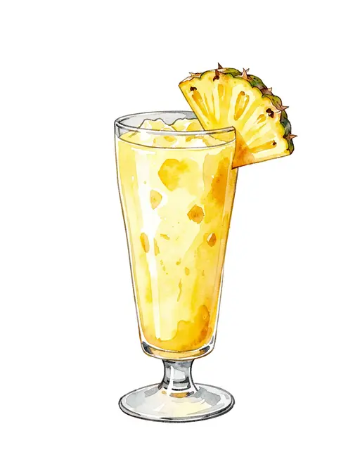 Watercolor illustration of a tall glass pina colada garnished with a pineapple wedge on a plain white background