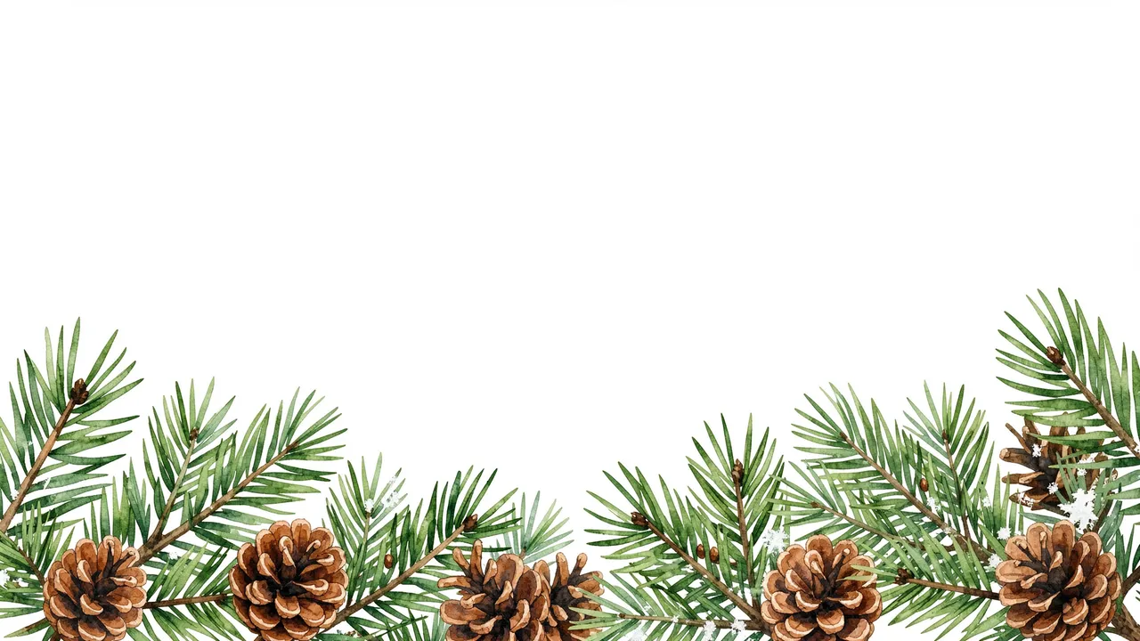 Watercolor pine branches and pinecones form a bottom border above blank white copy space