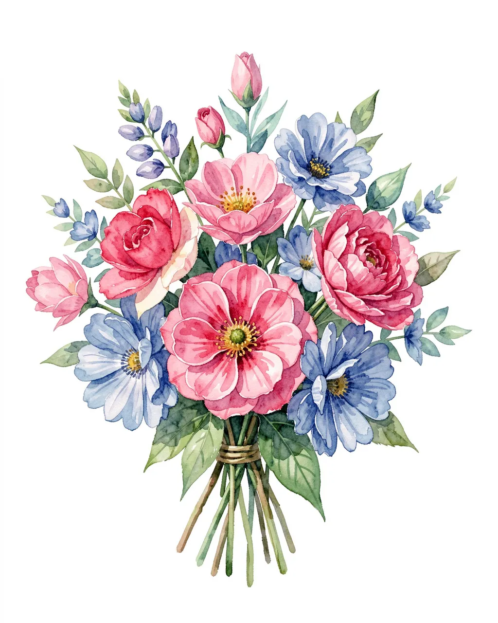 A delicate watercolor bouquet of pink and blue flowers with green foliage tied with twine on a plain white background