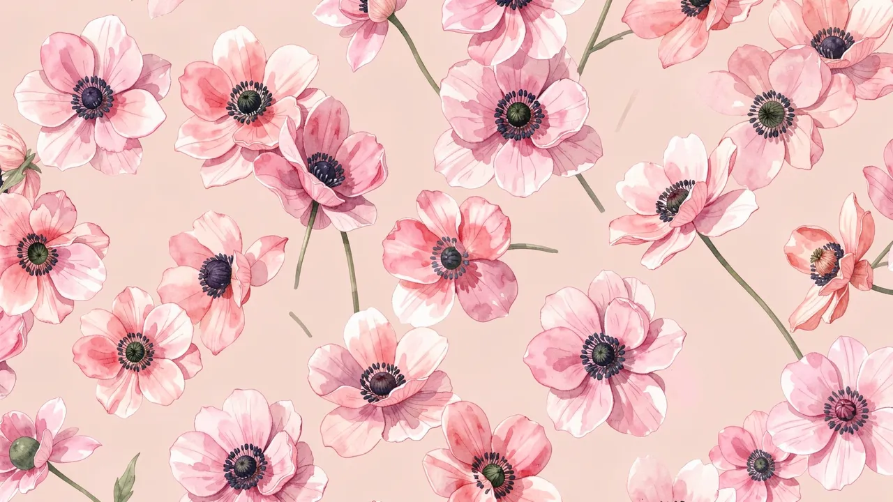 Scattered soft watercolor pink anemone flowers arranged across a blush pink background