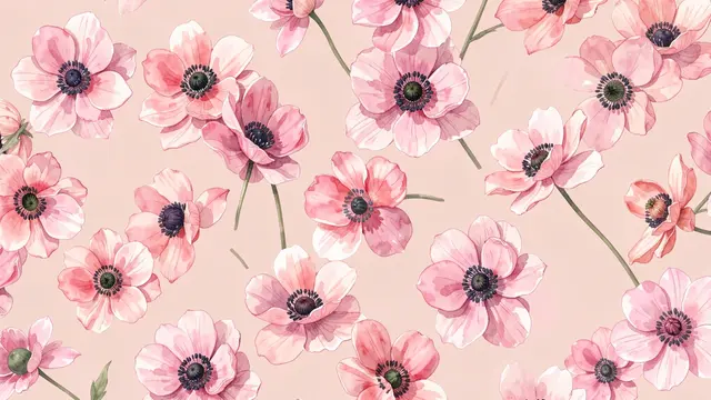 Scattered soft watercolor pink anemone flowers arranged across a blush pink background