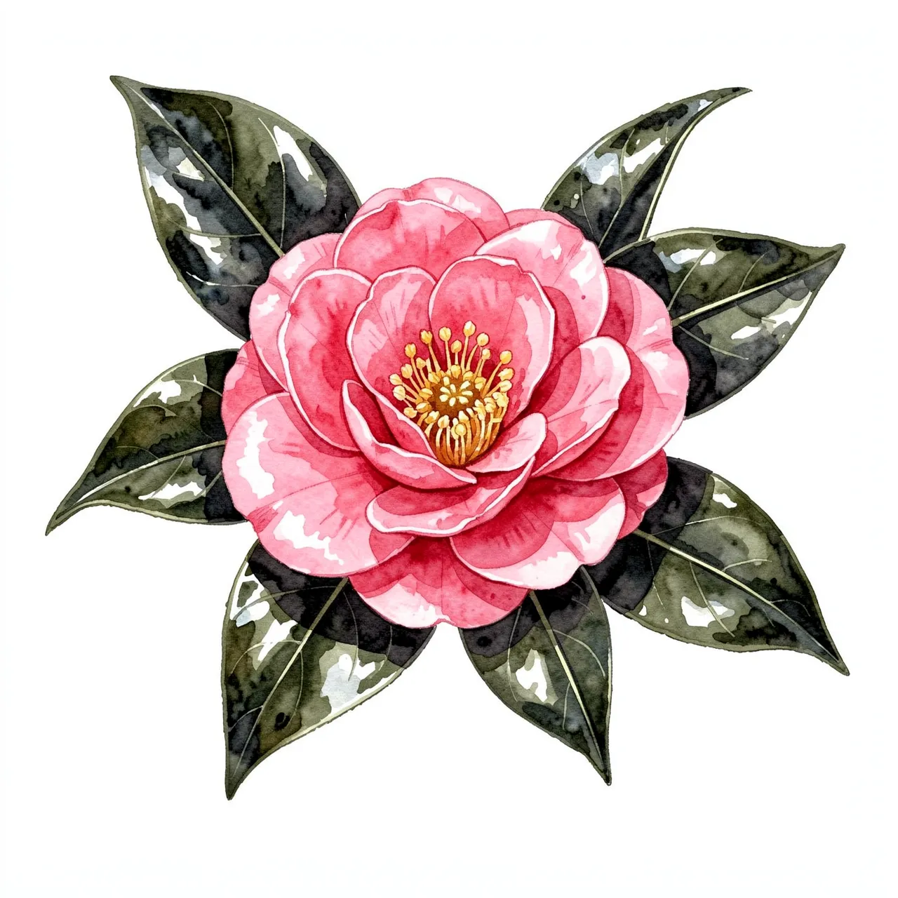 A watercolor illustration of a single pink camellia bloom with glossy dark green leaves on a plain white background