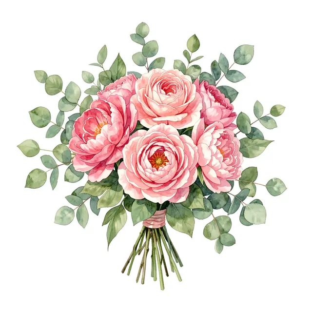 A delicate watercolor bouquet of pink roses, peonies and eucalyptus on a plain white background