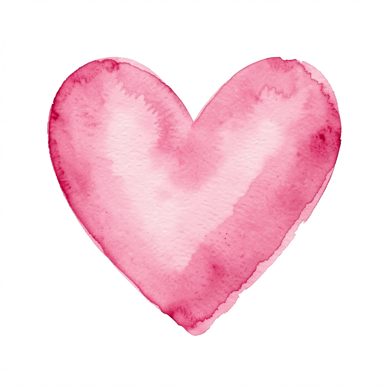 A loose soft watercolor pink heart with darker rosy edges sits on a plain white background