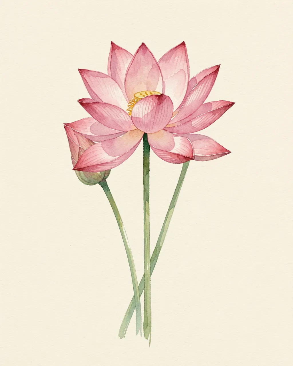 Watercolor illustration of an open pink lotus bloom and closed bud on crossing green stems against cream paper