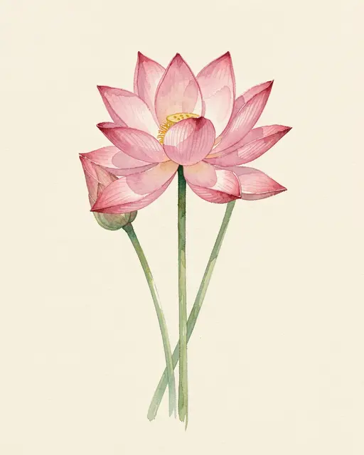 Watercolor illustration of an open pink lotus bloom and closed bud on crossing green stems against cream paper