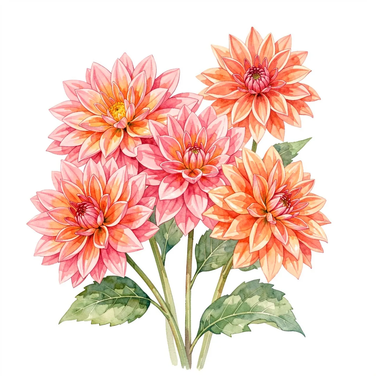A watercolor illustration of a cluster of pink and orange dahlia blooms on a plain white background
